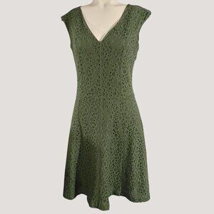 Amelia Olive Green Sleeveless Lace Eyelet Dress V Neckline Knee Length Zip Onsid